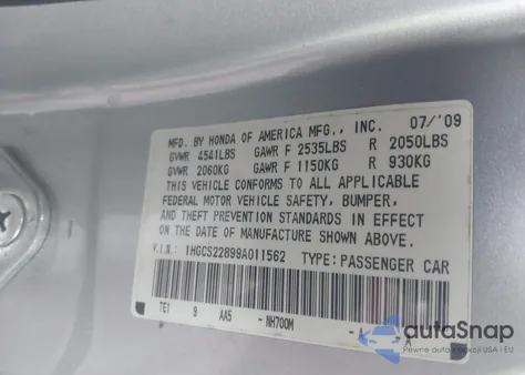 2009 Honda Accord 3.5 Ex-L из США, поврежденный, VIN 1HGCS22899A011562